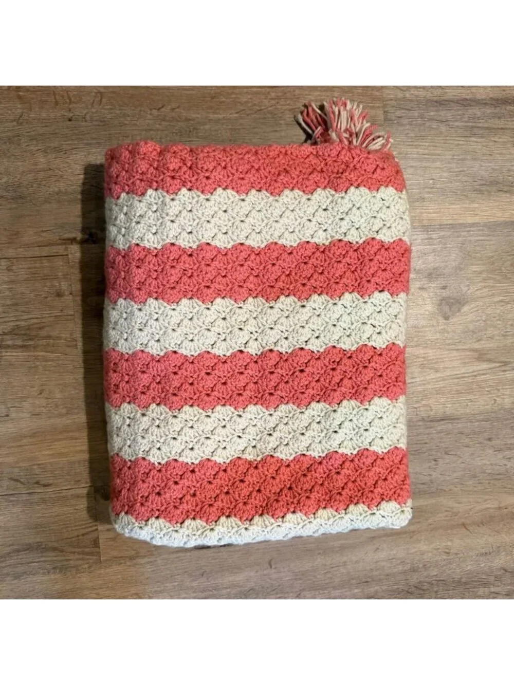 Handmade Crochet Striped Blanket Pink & White w/ Fringe Size Approx 53x72”